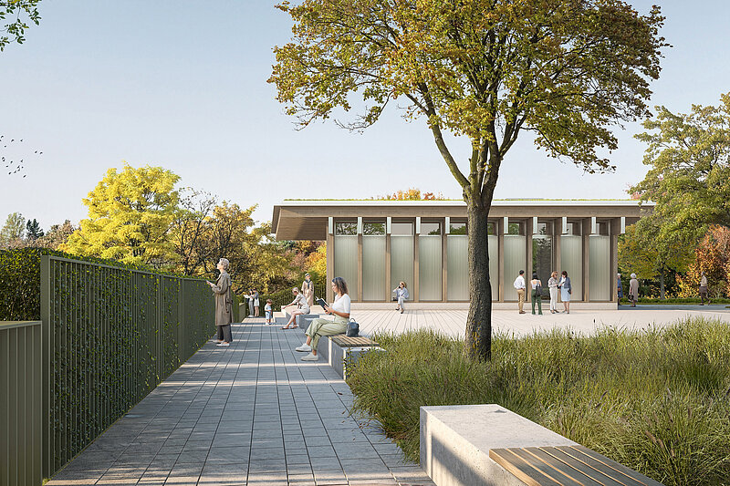 Eine Visualisierung des geplanten Besucherpavillons zeigt das Gebäude umgeben von viel Grün.